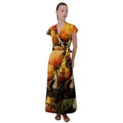 Yellow Butterfly Flower Flutter Sleeve Maxi Dress by Azkajaya