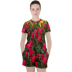 Yellow Pink Red Flowers Women s T-shirt And Shorts Set