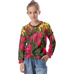 Yellow Pink Red Flowers Kids  Long Sleeve T-shirt With Frill 