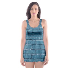 White And Blue Brick Wall Skater Dress Swimsuit