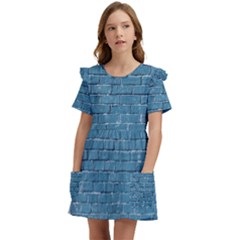 White And Blue Brick Wall Kids  Frilly Sleeves Pocket Dress