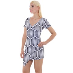 Halftone Tech Hexagons Seamless Pattern Short Sleeve Asymmetric Mini Dress