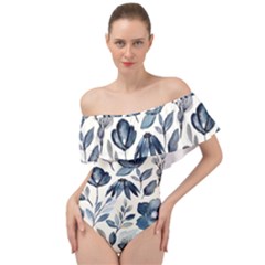 Indigo Watercolor Floral Seamless-pattern Off Shoulder Velour Bodysuit  by Ket1n9