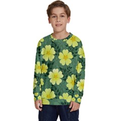 Bloom Flowering Yellow Blade Green Kids  Crewneck Sweatshirt by Loisa77