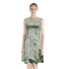 Banana Leaf Plant Pattern Sleeveless Waist Tie Chiffon Dress