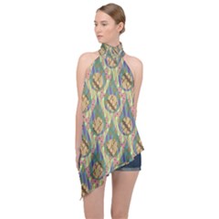 Tribal Background Boho Batik Halter Asymmetric Satin Top