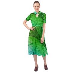 3d Leaves Texture Sheet Blue Green Keyhole Neckline Chiffon Dress by Cemarart