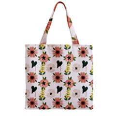 Flower White Pattern Floral Zipper Grocery Tote Bag