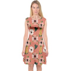 Flower Pink Brown Pattern Floral Capsleeve Midi Dress