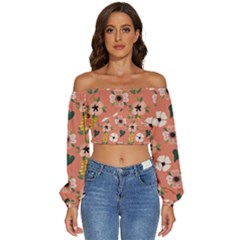 Flower Pink Brown Pattern Floral Long Sleeve Crinkled Weave Crop Top