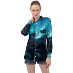 Aurora Borealis Mountain Reflection Long Sleeve Satin Shirt