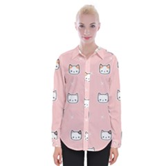 Cute Cat Cartoon Doodle Seamless Pink Pattern Womens Long Sleeve Shirt