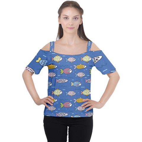 Sea Fish Blue Submarine Animals Cutout Shoulder T-shirt by Loisa77