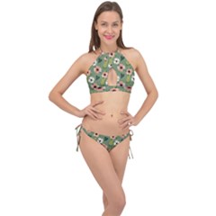 Flower Green Pink Pattern Floral Cross Front Halter Bikini Set