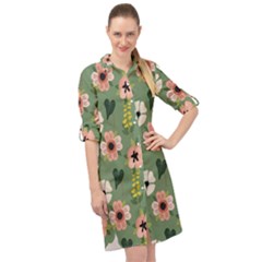 Flower Green Pink Pattern Floral Long Sleeve Mini Shirt Dress