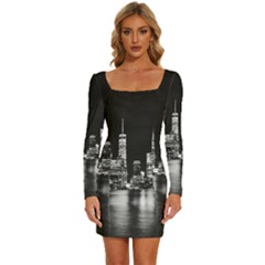 Nyc New York Skyline City Buildings Long Sleeve Square Neck Bodycon Velvet Dress