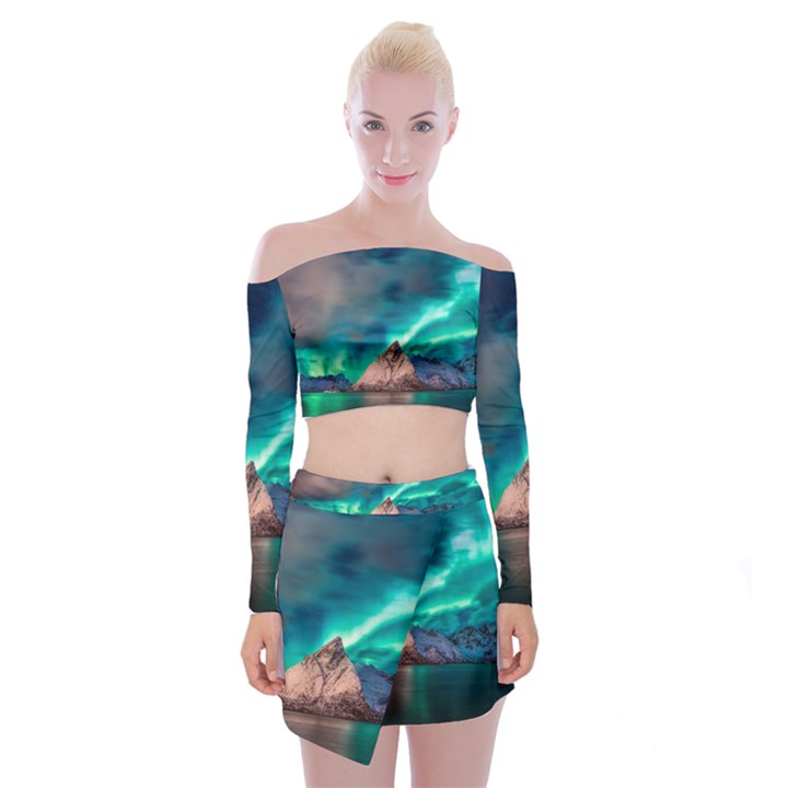 Amazing Aurora Borealis Colors Off Shoulder Top with Mini Skirt Set