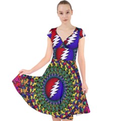 Grateful Dead Bear Pattern Cap Sleeve Front Wrap Midi Dress