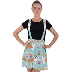 Corgi Boba Tea Bubble Tea Kawaii Food Welsh Corgis Dog Pattern Velvet Suspender Skater Skirt by Perong