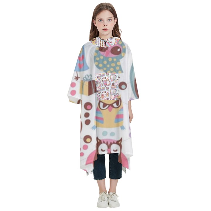 Cute Owl Bird Animal Pattern Kids  Hooded Rain Ponchos