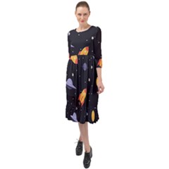 Cosmos Rocket Spaceship Ufo Ruffle End Midi Chiffon Dress by Salmanaz77