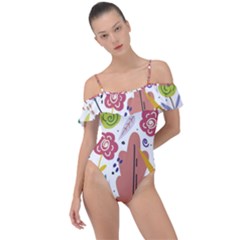 Summer Flowers Spring Background Frill Detail One Piece Swimsuit