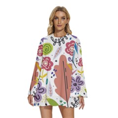 Summer Flowers Spring Background Round Neck Long Sleeve Bohemian Style Chiffon Mini Dress