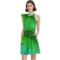 3d Leaves Texture Sheet Blue Green Cocktail Party Halter Sleeveless Dress With Pockets