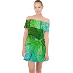 3d Leaves Texture Sheet Blue Green Off Shoulder Chiffon Dress by Cemarart