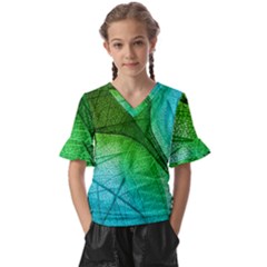 3d Leaves Texture Sheet Blue Green Kids  V-neck Horn Sleeve Blouse