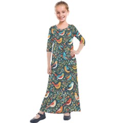 Birds Pattern Flowers Whimsical Kids  Quarter Sleeve Maxi Dress