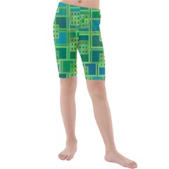 Green Abstract Geometric Kids  Mid Length Swim Shorts