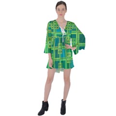 Green Abstract Geometric V-neck Flare Sleeve Mini Dress