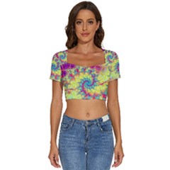 Fractal Spiral Abstract Background Vortex Yellow Short Sleeve Square Neckline Crop Top  by Ket1n9