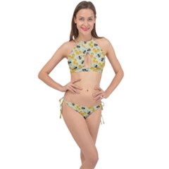 Bees Pattern Honey Bee Bug Honeycomb Honey Beehive Cross Front Halter Bikini Set