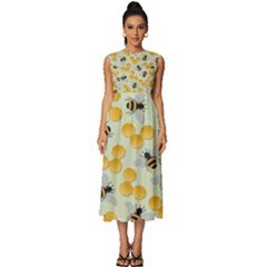 Bees Pattern Honey Bee Bug Honeycomb Honey Beehive Sleeveless Round Neck Midi Dress