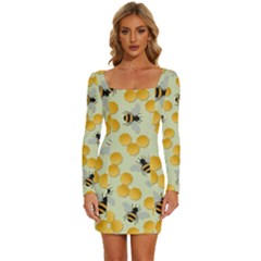 Bees Pattern Honey Bee Bug Honeycomb Honey Beehive Long Sleeve Square Neck Bodycon Velvet Dress