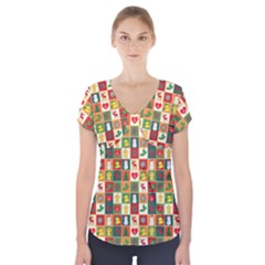 Template Christmas Pattern Short Sleeve Front Detail Top