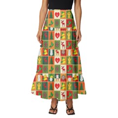 Template Christmas Pattern Tiered Ruffle Maxi Skirt