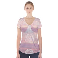 Moon Phase, Cloud, Clouds, Moon, Pastel Short Sleeve Front Detail Top