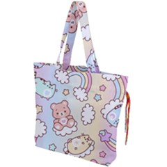 Usheen Carebears, Bears, Cat, Colorful, Cute, Pastel, Pattern Drawstring Tote Bag by kyorashop23