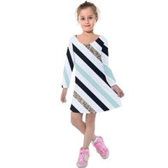 Pattern, Blue, Gold, Lines, Stripes Kids  Long Sleeve Velvet Dress