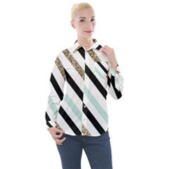 Pattern, Blue, Gold, Lines, Stripes Women s Long Sleeve Pocket Shirt