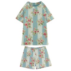 Stripes, Rose,  Texture, Flower, Paper Kids  Swim T-shirt And Shorts Set