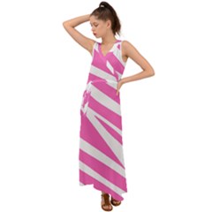 White Pink Stripes, Pattern V-neck Chiffon Maxi Dress