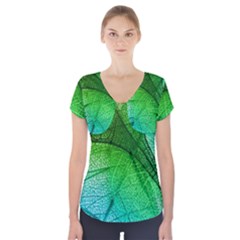 3d Leaves Texture Sheet Blue Green Short Sleeve Front Detail Top