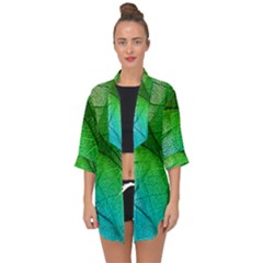 3d Leaves Texture Sheet Blue Green Open Front Chiffon Kimono