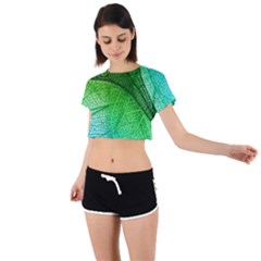 3d Leaves Texture Sheet Blue Green Tie Back Short Sleeve Crop T-shirt