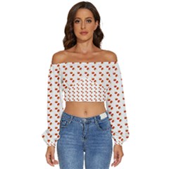 Kawaii Pumpkin Patt White Long Sleeve Crinkled Weave Crop Top