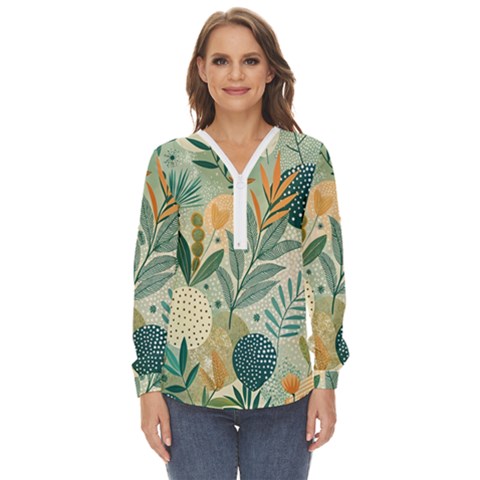 Leaves Pattern Flora Nature Zip Up Long Sleeve Blouse by Posterlux